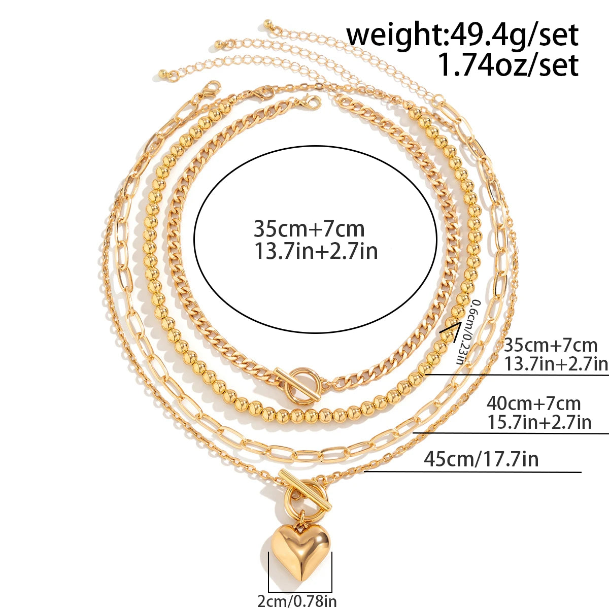 4Pcs/Set Punk Gold Color Heart Pendant Necklace for Women 2024 Trendy OT Buckle Beaded Neck Chain Choker Y2K Jewelry Accessories