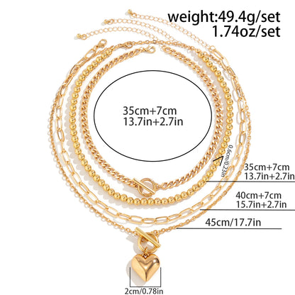 4Pcs/Set Punk Gold Color Heart Pendant Necklace for Women 2024 Trendy OT Buckle Beaded Neck Chain Choker Y2K Jewelry Accessories
