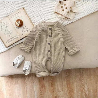 Baby Clothes Girl Boy Solid Color Knitted Romper 0-18M Baby Newborn Items Button Front Ribbed Long Sleeve Casual Autumn Jumpsuit