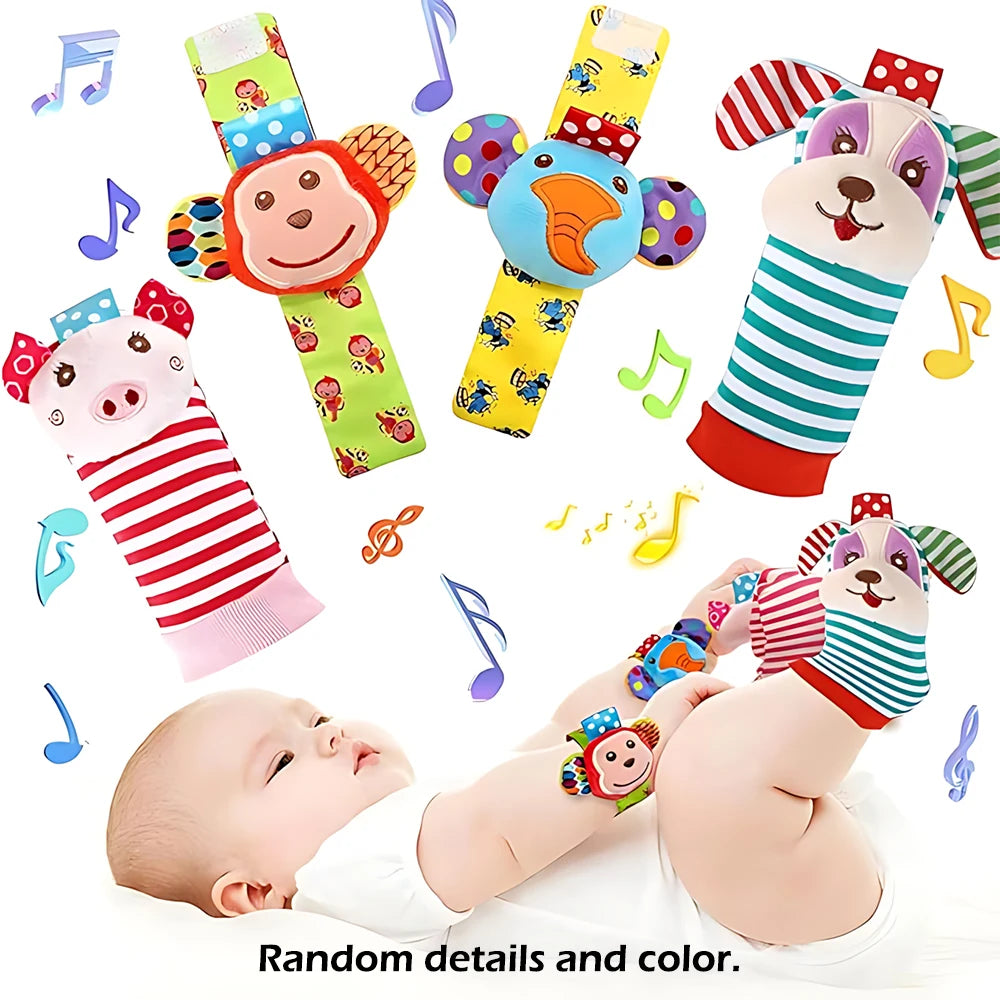 4pcs Baby Rattle Toys Cute Stuffed Animals Wrist Rattle Foot Finder Socks 0~24 Months for Infant Boy Girl Newborn Gift