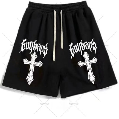 Street Hip-hop Cross Design Pattern Loose Casual Shorts Men American Y2K Harajuku Oversized Fashion Versatile Mid-pants Women