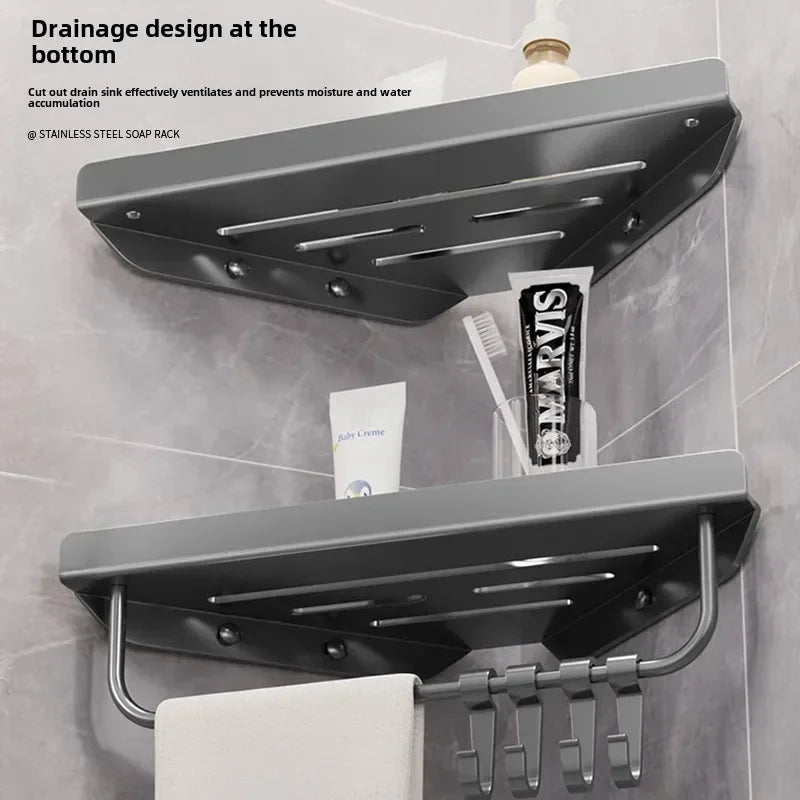 Bathroom Stainless Triangle Drain Shelf No Drilling Wall Mounted Cosmetic and Toiletries Carbon Steel Shelf with Hooks Holder