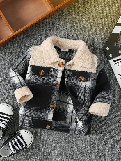 Baby boy fashionable and simple long sleeved plaid patchwork plush jacket for autumn and winter