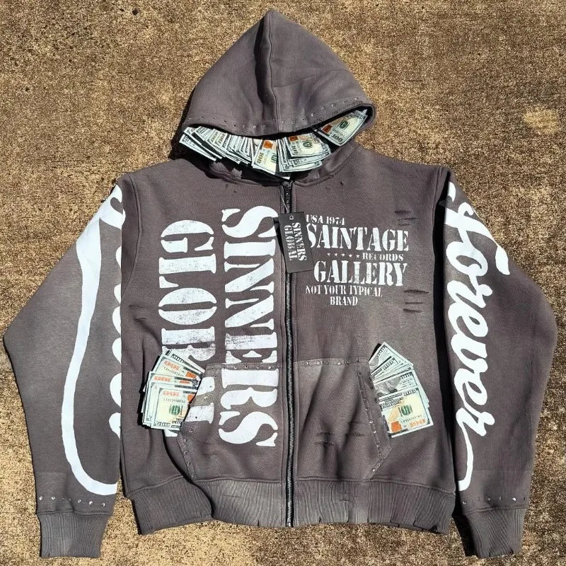 Casual Fashion Harajuku Letter Print Oversized Zipper Hoodie Men Y2K 2025 New American Hip-hop Rock Retro Loose Sweatshirt Women