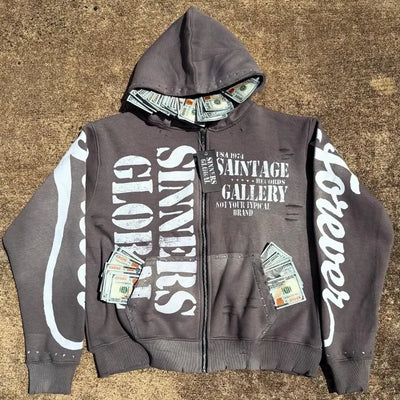 Casual Fashion Harajuku Letter Print Oversized Zipper Hoodie Men Y2K 2025 New American Hip-hop Rock Retro Loose Sweatshirt Women