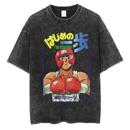 Vintage Cotton Washed T-Shirt Anime Hajime No Ippo Kamogawa Boxing Gym Loose T Shirts Men Women Y2K Hip Hop Summer Top Tee