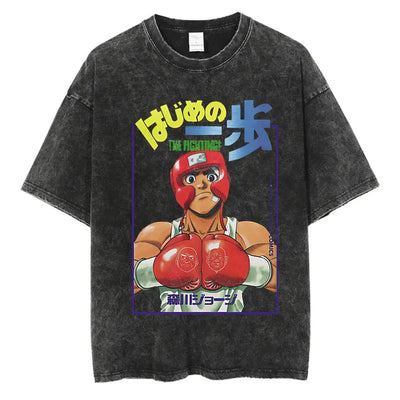 Vintage Cotton Washed T-Shirt Anime Hajime No Ippo Kamogawa Boxing Gym Loose T Shirts Men Women Y2K Hip Hop Summer Top Tee