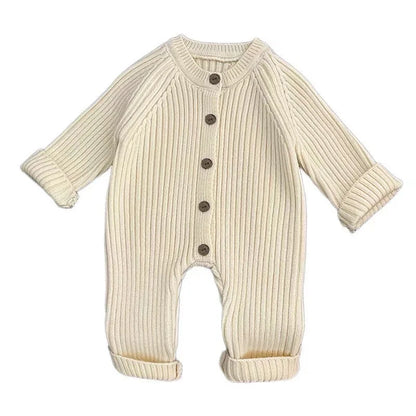 Baby Clothes Girl Boy Solid Color Knitted Romper 0-18M Baby Newborn Items Button Front Ribbed Long Sleeve Casual Autumn Jumpsuit