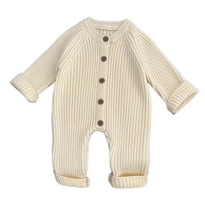 Baby Clothes Girl Boy Solid Color Knitted Romper 0-18M Baby Newborn Items Button Front Ribbed Long Sleeve Casual Autumn Jumpsuit