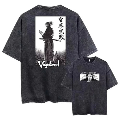 2025 Men Streetwear Anime Vagabond Graphic Print Vintage Harajuku Washed Black T Shirt Men Summer Casual Cotton Loose Top Tee