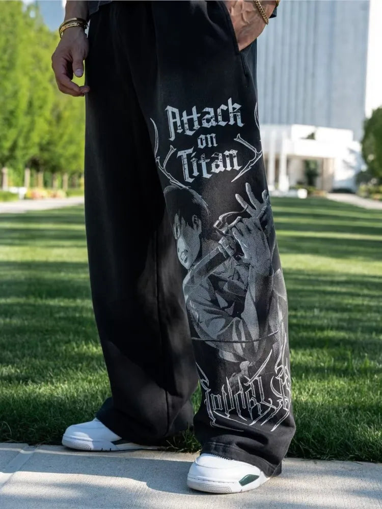 Young American trendy sweatpants collaboration anime joggers, cotton terry print, wide-leg casual pants, hip-hop street pants