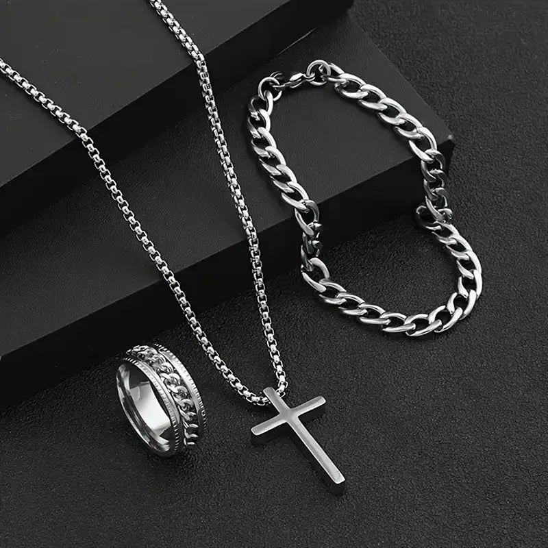 Men's 3pcs Fashion Alloy Jewelry Set - Cross Pendant Necklace, Bracelet & Ring Combo