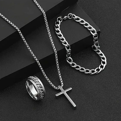 Men's 3pcs Fashion Alloy Jewelry Set - Cross Pendant Necklace, Bracelet & Ring Combo