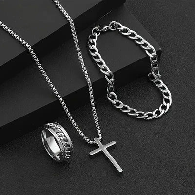 Men's 3pcs Fashion Alloy Jewelry Set - Cross Pendant Necklace, Bracelet & Ring Combo