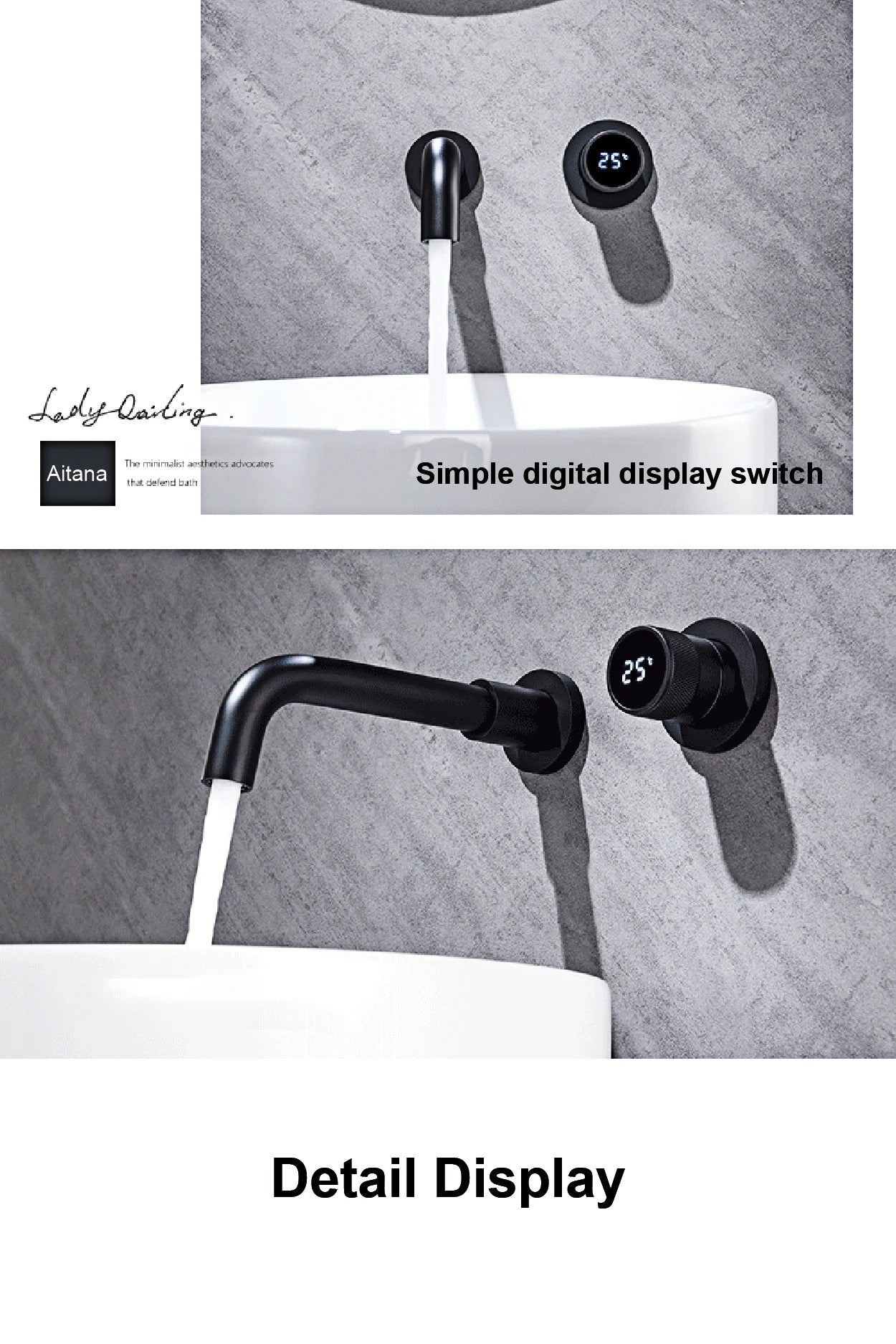 Black brass bathroom faucet Hidden intelligent digital display design Single handle 2 hole Cold & Hot dual-control basin faucet