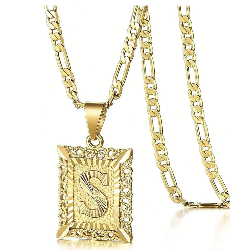Initial Necklace Square Letter Pendant Necklace Capital Monogram Necklace Alhpabets From A-Z Figaro Chain Necklace