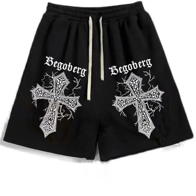 Street Hip-hop Cross Design Pattern Loose Casual Shorts Men American Y2K Harajuku Oversized Fashion Versatile Mid-pants Women