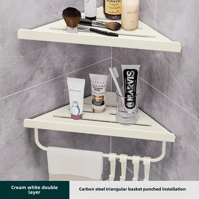 Bathroom Stainless Triangle Drain Shelf No Drilling Wall Mounted Cosmetic and Toiletries Carbon Steel Shelf with Hooks Holder