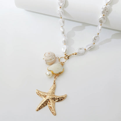 MHS.SUN Summer Shell Starfish Conch Pendant Necklace for Women Bohemian Metal Gold Color Chic Beach Jewelry Vacation Party Gift