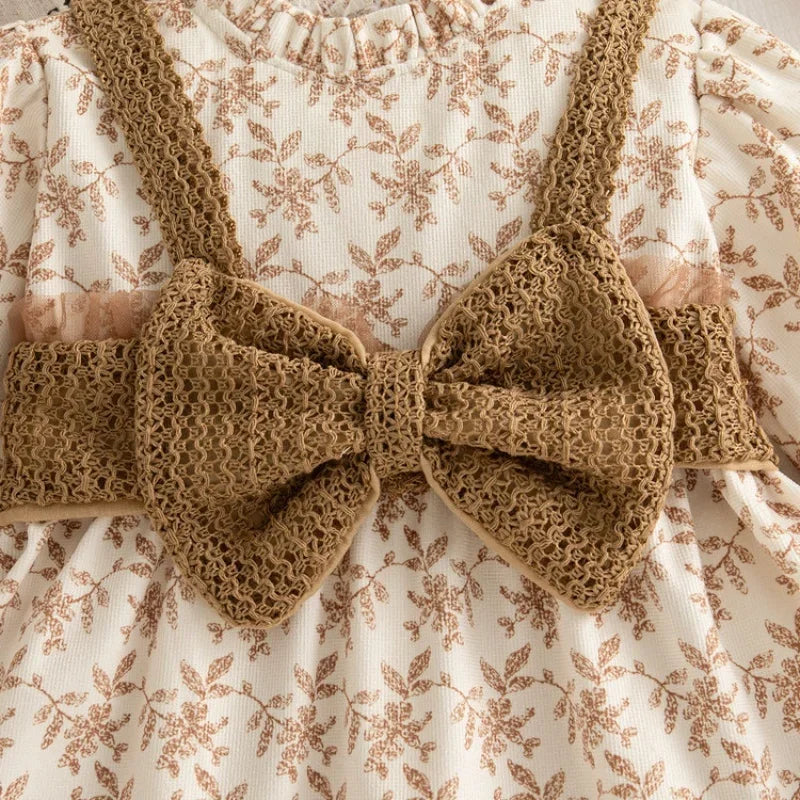 2025 Autumn Spring Newborn Baby Girl Princess Dress Fake Two Piece Long Sleeve Dress with Bow Floral Pattern For 1-3Y