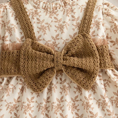 2025 Autumn Spring Newborn Baby Girl Princess Dress Fake Two Piece Long Sleeve Dress with Bow Floral Pattern For 1-3Y