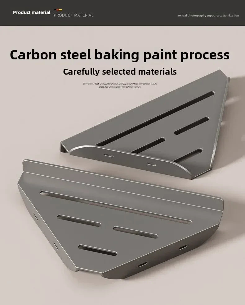 Bathroom Stainless Triangle Drain Shelf No Drilling Wall Mounted Cosmetic and Toiletries Carbon Steel Shelf with Hooks Holder