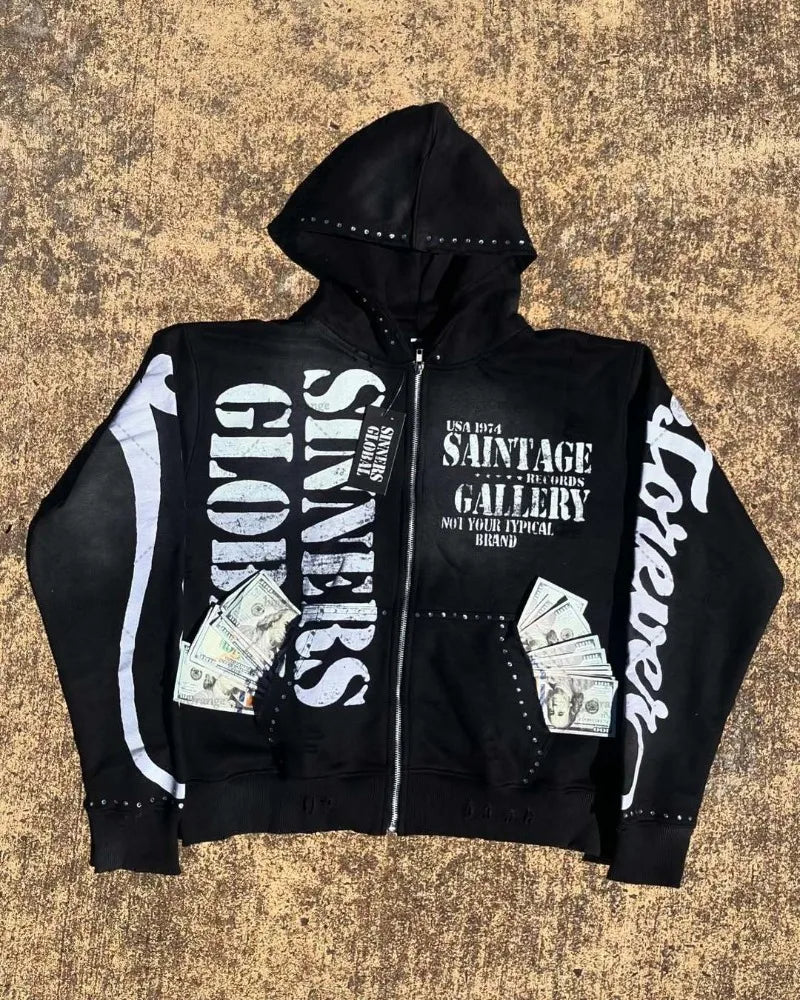 Casual Fashion Harajuku Letter Print Oversized Zipper Hoodie Men Y2K 2025 New American Hip-hop Rock Retro Loose Sweatshirt Women