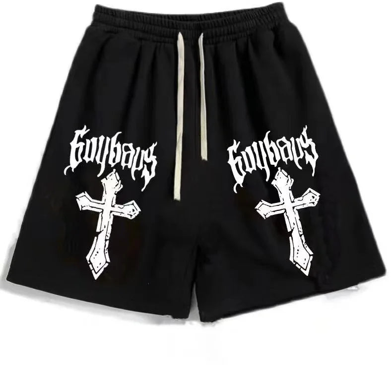 Street Hip-hop Cross Design Pattern Loose Casual Shorts Men American Y2K Harajuku Oversized Fashion Versatile Mid-pants Women