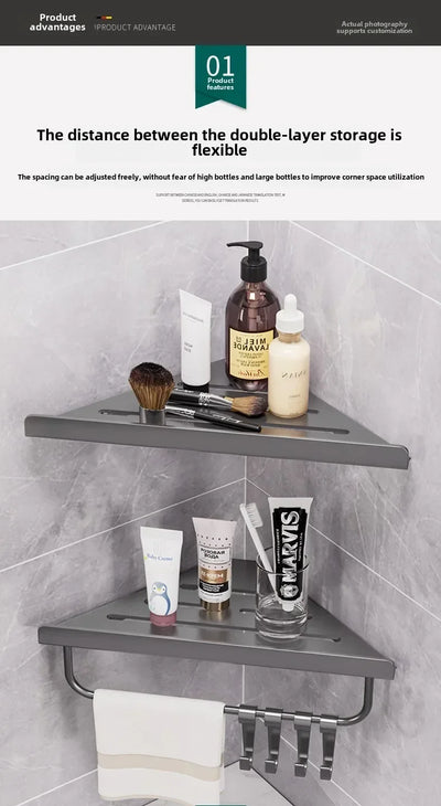 Bathroom Stainless Triangle Drain Shelf No Drilling Wall Mounted Cosmetic and Toiletries Carbon Steel Shelf with Hooks Holder