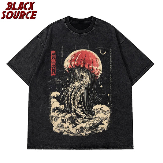 Oversize Vintage Man Cotton T-Shirts Swimming Colorful Jellyfish Print Mens Short Sleeve Japanese Harajuku O-Neck Tops All-math