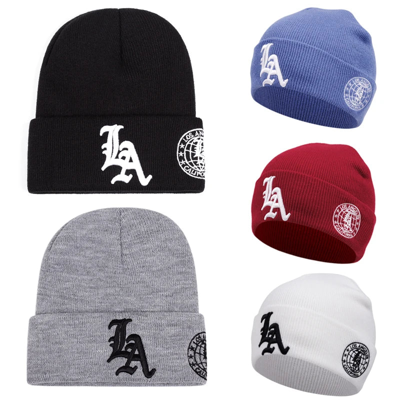 2025 New Men's LA Letter Side Embroidered Earth Knitted Hat Winter Warm Outdoor Sports Hat Soft Bean Hat Women's Casual Wool Hat