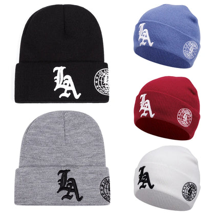 2025 New Men's LA Letter Side Embroidered Earth Knitted Hat Winter Warm Outdoor Sports Hat Soft Bean Hat Women's Casual Wool Hat