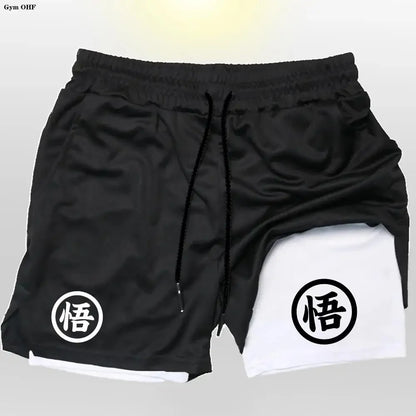 Goku Anime Running Shorts Men Fitness Gym Training 2 in 1 Sports Shorts Quick Dry Workout Jogging Double Deck Shorts