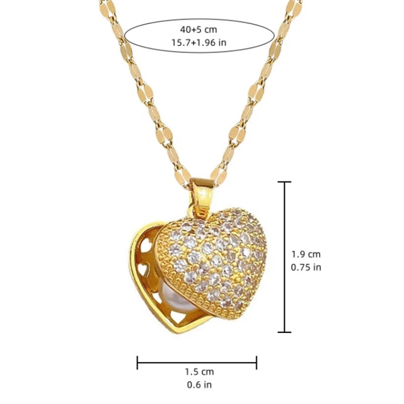 ZAKOL French Shell Pearl Necklace For Women Gold Color Stainless Steel Zircon Love Heart Clavicle Chain Choker Wedding Jewelry