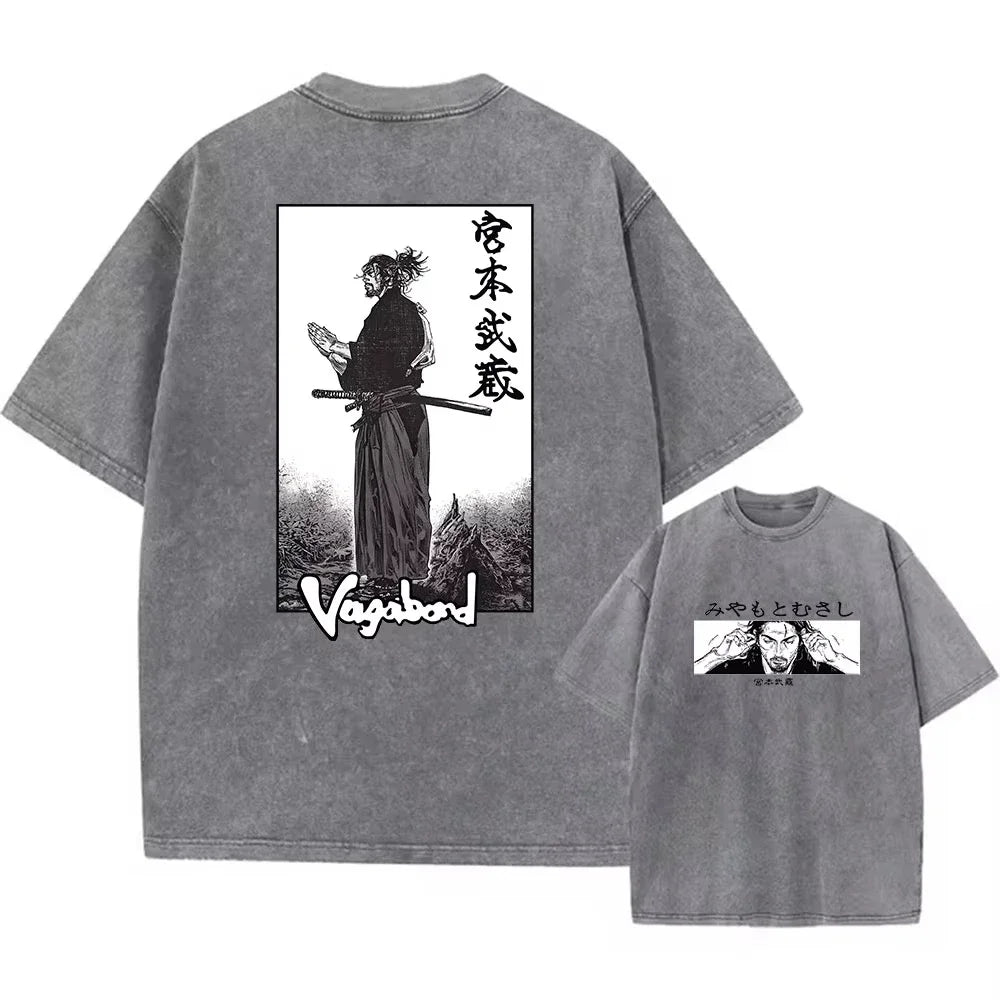 2025 Men Streetwear Anime Vagabond Graphic Print Vintage Harajuku Washed Black T Shirt Men Summer Casual Cotton Loose Top Tee