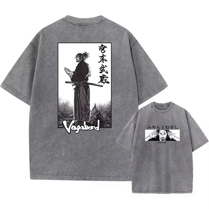 2025 Men Streetwear Anime Vagabond Graphic Print Vintage Harajuku Washed Black T Shirt Men Summer Casual Cotton Loose Top Tee