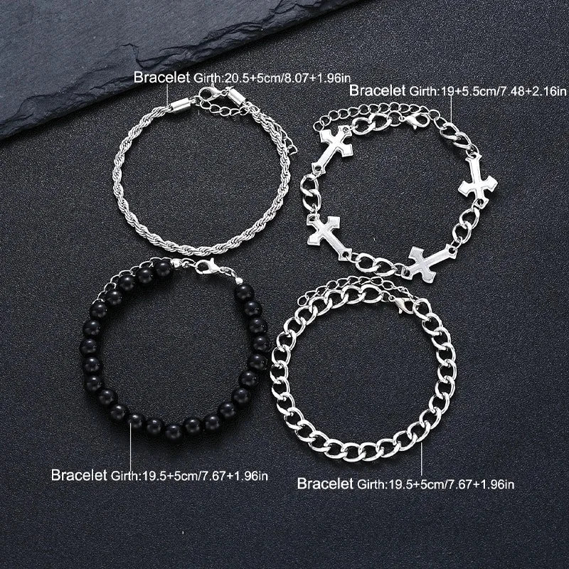 4 Pcs Stainless Steel Bracelet Set For Men Women Punk Fashion Cross Beads Chain Bracelets Simple Hip Hop Unisex Jewelry Gift New