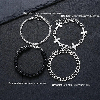 4 Pcs Stainless Steel Bracelet Set For Men Women Punk Fashion Cross Beads Chain Bracelets Simple Hip Hop Unisex Jewelry Gift New