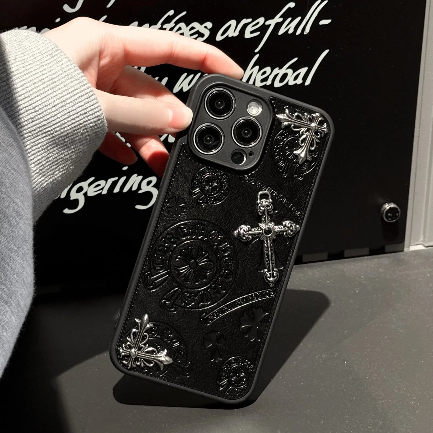 Luxurious Three-dimensional Cross Kroxin PU Leather Printed Grand Phone Case for iPhone 16 15 14 Plus 13Pro Max Protective Cover