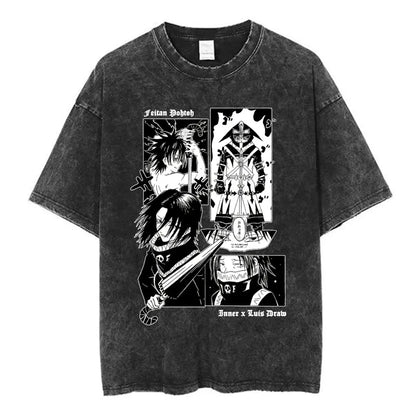 Anime Hunter X Hunter Logo Vintage Washed T Shirt Killua Gon Cherry Blossom Graphic T-shirt Men Fashion Casual Oversized Tshirt