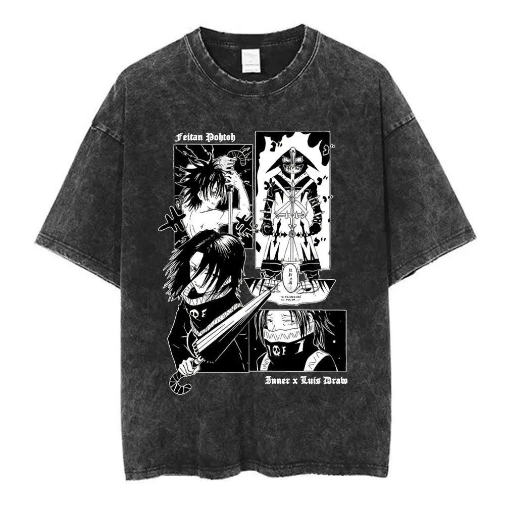 Anime Hunter X Hunter Logo Vintage Washed T Shirt Killua Gon Cherry Blossom Graphic T-shirt Men Fashion Casual Oversized Tshirt