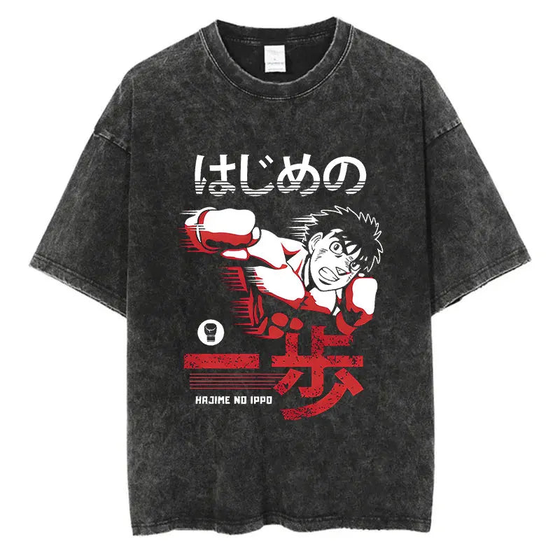 Vintage Cotton Washed T-Shirt Anime Hajime No Ippo Kamogawa Boxing Gym Loose T Shirts Men Women Y2K Hip Hop Summer Top Tee