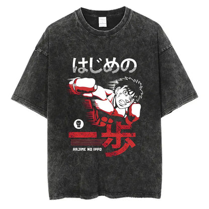 Vintage Cotton Washed T-Shirt Anime Hajime No Ippo Kamogawa Boxing Gym Loose T Shirts Men Women Y2K Hip Hop Summer Top Tee