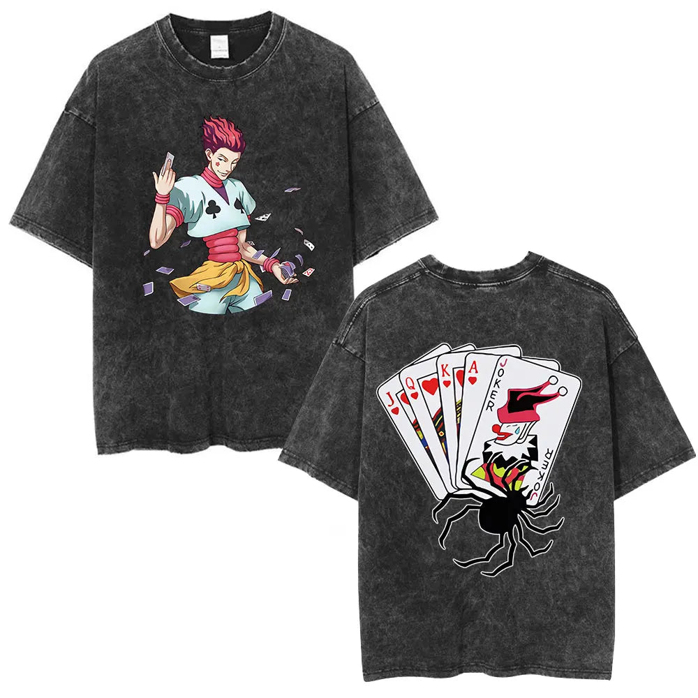 Anime Hunter X Hunter Logo Vintage Washed T Shirt Killua Gon Cherry Blossom Graphic T-shirt Men Fashion Casual Oversized Tshirt
