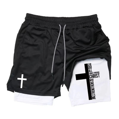 Summer New Shorts Man Cross Bible Print Gym Fitness Shorts Women's Sports Double-layer 2-in-1 Pant Quick-Drying Beach Shorts Y2k