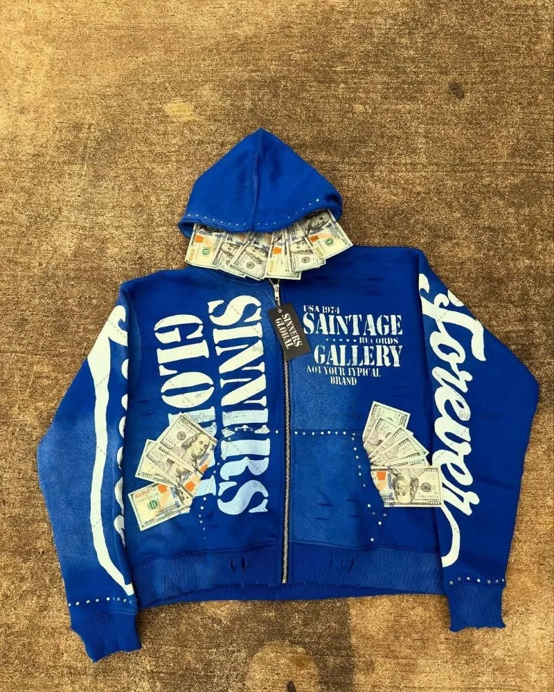 Casual Fashion Harajuku Letter Print Oversized Zipper Hoodie Men Y2K 2025 New American Hip-hop Rock Retro Loose Sweatshirt Women