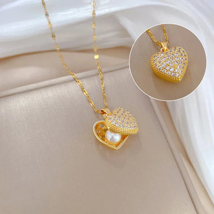 ZAKOL French Shell Pearl Necklace For Women Gold Color Stainless Steel Zircon Love Heart Clavicle Chain Choker Wedding Jewelry