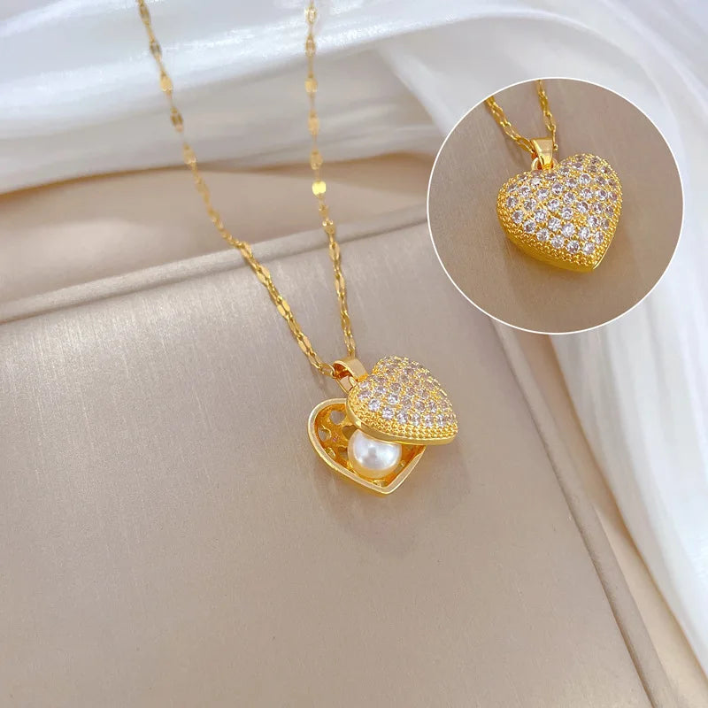 ZAKOL French Shell Pearl Necklace For Women Gold Color Stainless Steel Zircon Love Heart Clavicle Chain Choker Wedding Jewelry