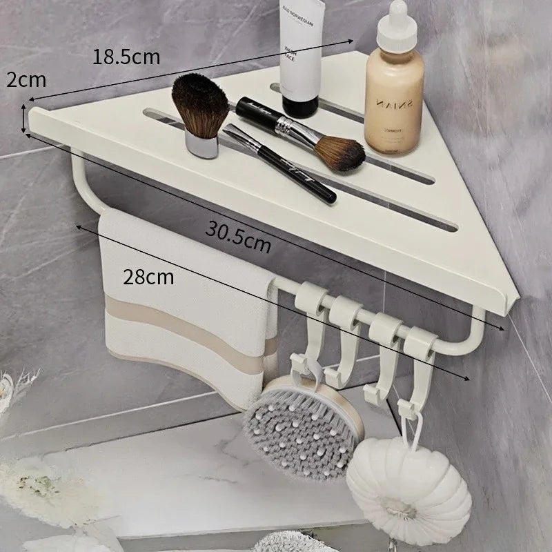 Bathroom Stainless Triangle Drain Shelf No Drilling Wall Mounted Cosmetic and Toiletries Carbon Steel Shelf with Hooks Holder