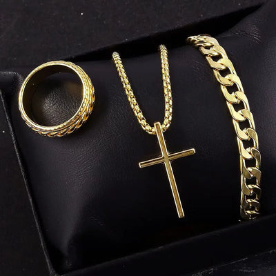 Men's 3pcs Fashion Alloy Jewelry Set - Cross Pendant Necklace, Bracelet & Ring Combo
